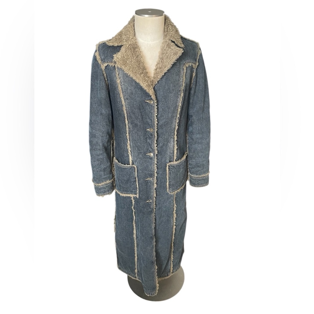 Giacca Blue Denim Coat with faux fur Trim
